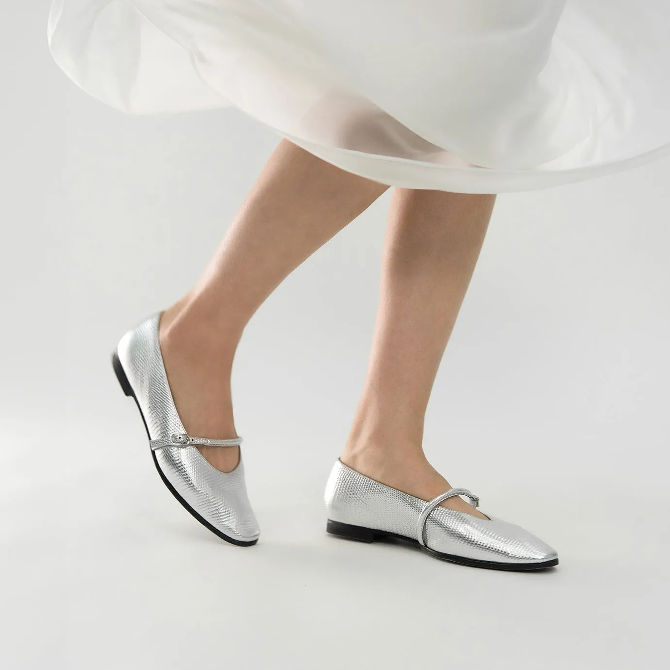 Beracamy Almond Mary Jane Flat - Embossed Silver