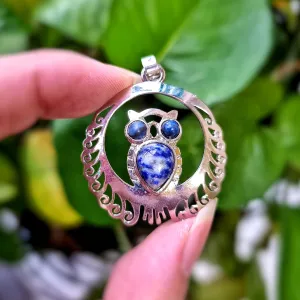 Lapis Lazuli Owl in Steel Pendant